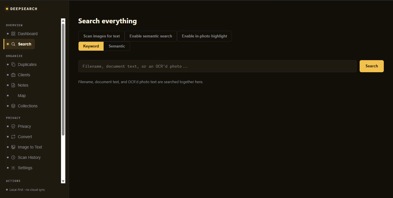 Kievoo's actual search screen — typing a query and finding the file instantly